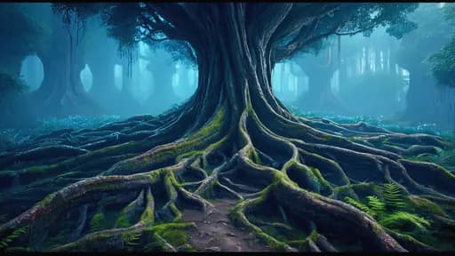 árbol antiguo con raíces entrelazadas, majestuoso, mágico…